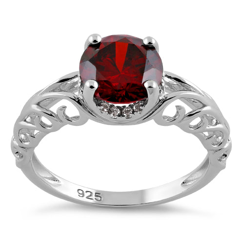 Sterling Silver Swirl Design Garnet and Clear CZ Ring