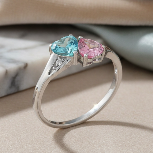 Sterling Silver Double Heart Pink & Aquamarine CZ Ring