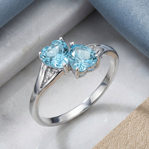 Sterling Silver Double Heart Aquamarine CZ Ring