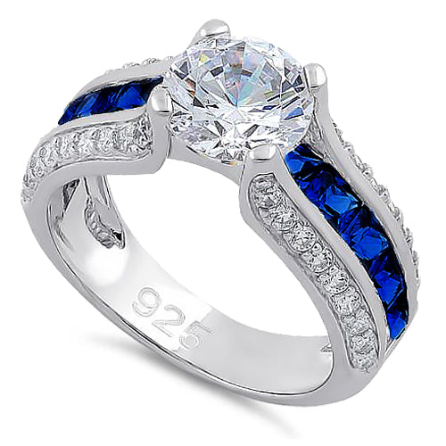 Sterling Silver Round & Princes Cut Clear & Blue Spinel CZ Ring