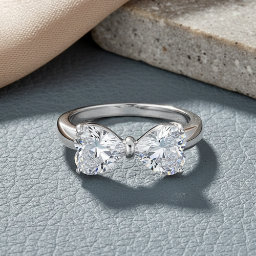 Sterling Silver Hearts Bow CZ Ring