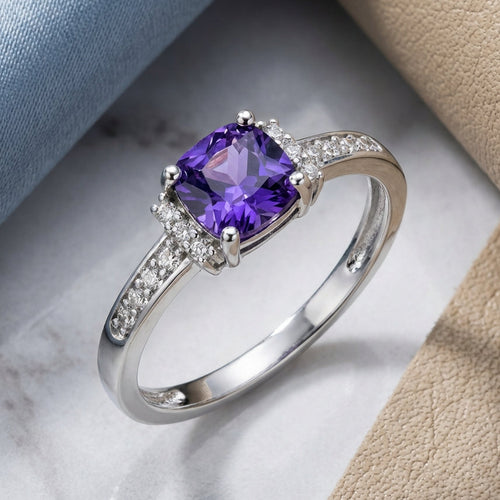 Sterling Silver Cushion Amethyst CZ Ring