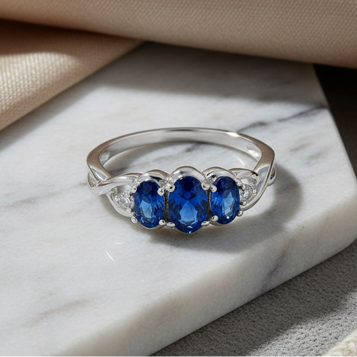 Sterling Silver 3-Stone Oval Blue CZ Ring