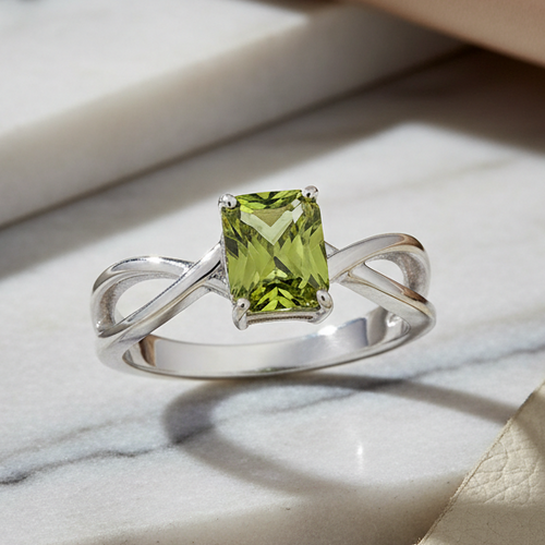 Sterling Silver Twist Emerald Cut Peridot CZ Ring