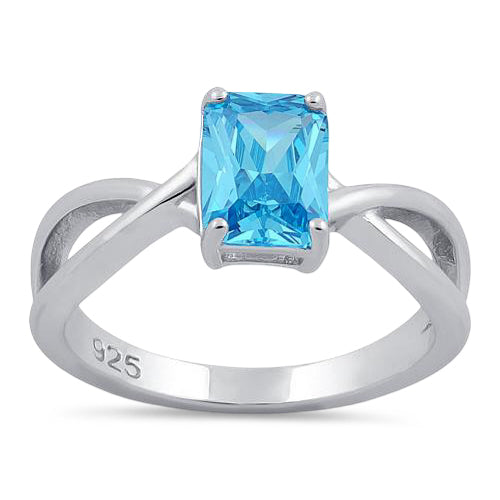 Sterling Silver Twist Emerald Cut Aqua Blue CZ Ring