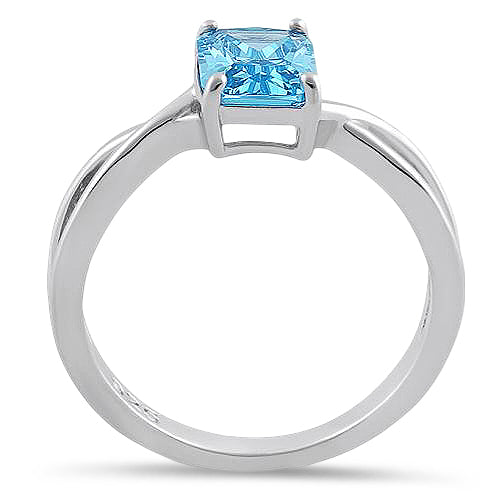 Sterling Silver Twist Emerald Cut Aqua Blue CZ Ring