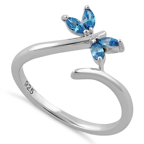 Sterling Silver Dragonfly Aqua Blue CZ Ring