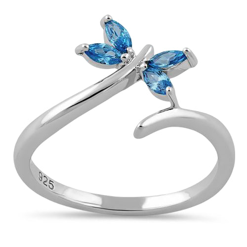 Sterling Silver Dragonfly Aqua Blue CZ Ring