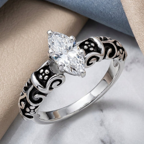 Sterling Silver Oxidized Wild Vines Marquise Cut Clear CZ Ring