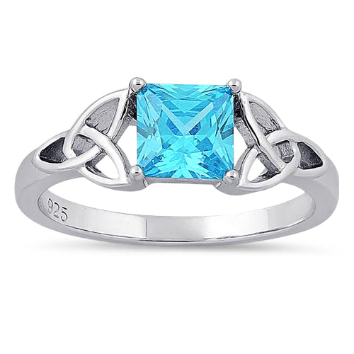 Sterling Silver Celtic Aqua Blue Princess Cut CZ Ring