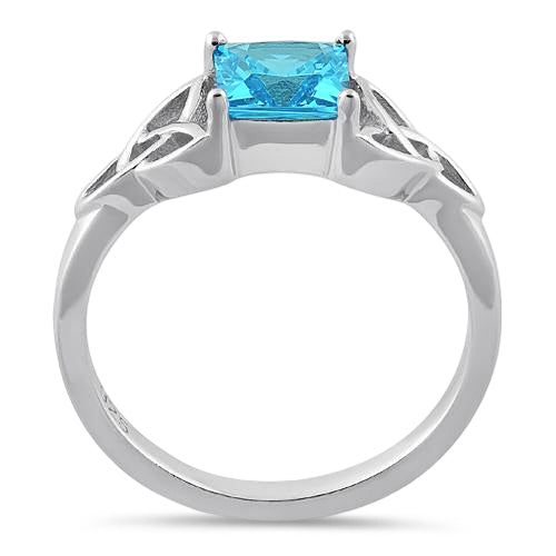 Sterling Silver Celtic Aqua Blue Princess Cut CZ Ring