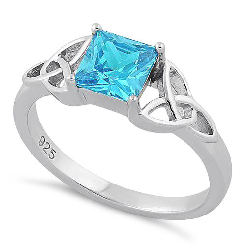 Sterling Silver Celtic Aqua Blue Princess Cut CZ Ring