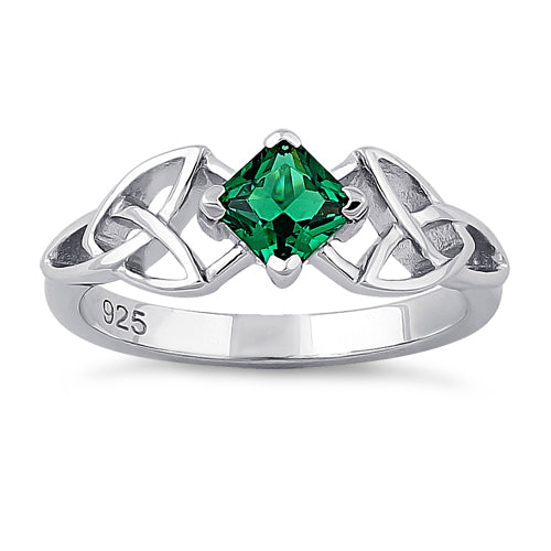 Sterling Silver Celtic Princess Cut Emerald CZ Ring