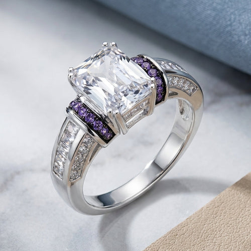 Sterling Silver Emerald-Cut Purple CZ Ring