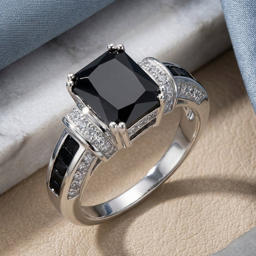 Sterling Silver Black Emerald-Cut CZ Ring
