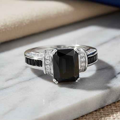 Sterling Silver Black Emerald-Cut CZ Ring