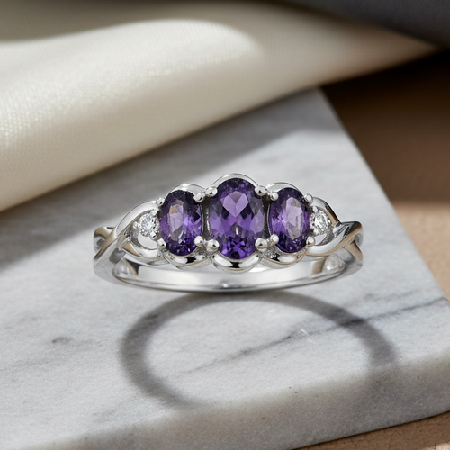 Sterling Silver Purple CZ 3-Stone Ring