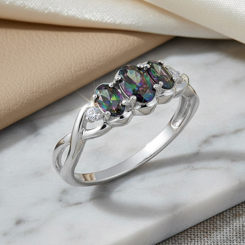 Sterling Silver Triple Rainbow CZ Ring