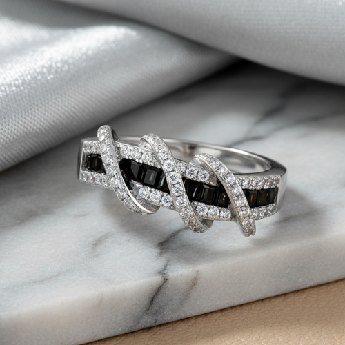 Sterling Silver Twisted Black CZ Ring