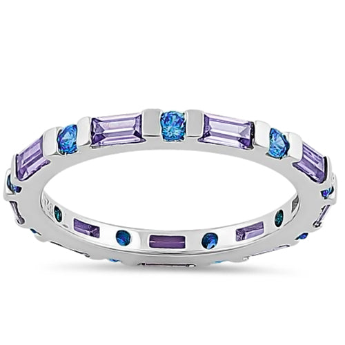 Sterling Silver Aqua Blue & Amethyst Eternity CZ Ring