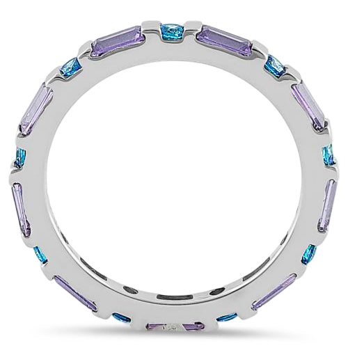 Sterling Silver Aqua Blue & Amethyst Eternity CZ Ring