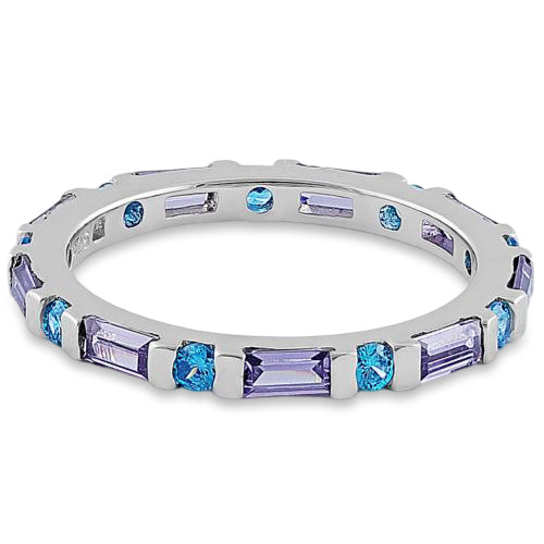 Sterling Silver Aqua Blue & Amethyst Eternity CZ Ring