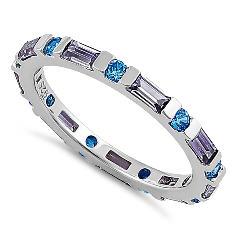 Sterling Silver Aqua Blue & Amethyst Eternity CZ Ring