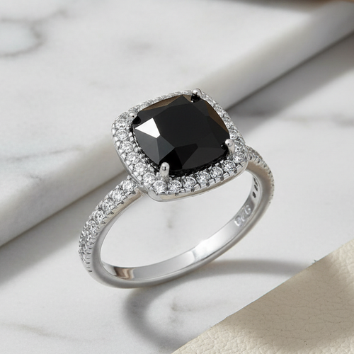 Sterling Silver Cushion-Cut Black CZ Ring