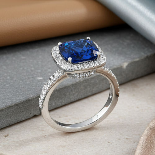 Sterling Silver Cushion Cut Blue CZ Ring
