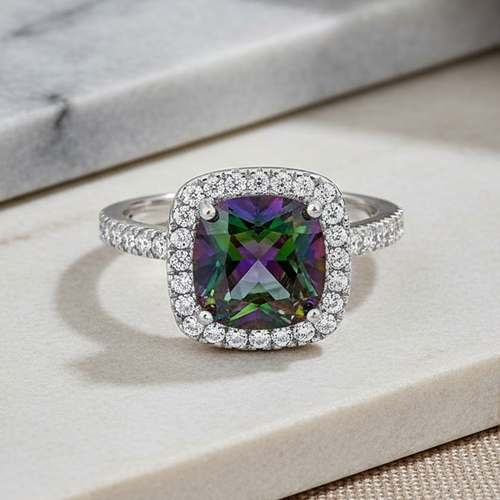Sterling Silver Cushion Cut Rainbow CZ Ring