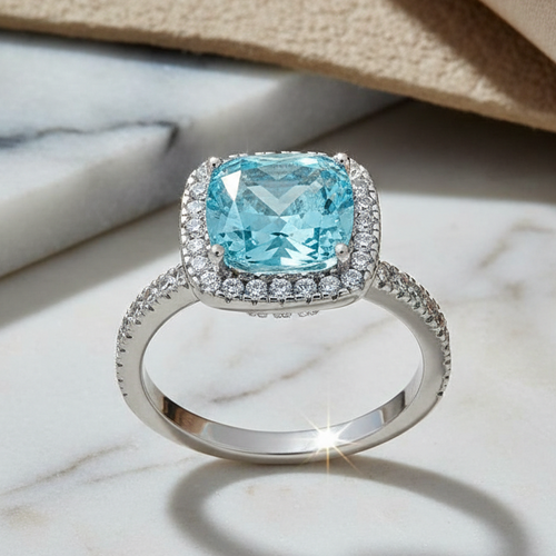 Sterling Silver Cushion-Cut Aqua Blue CZ Ring
