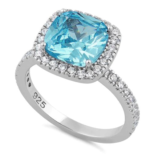 Sterling Silver Cushion Cut Aqua Blue CZ Ring