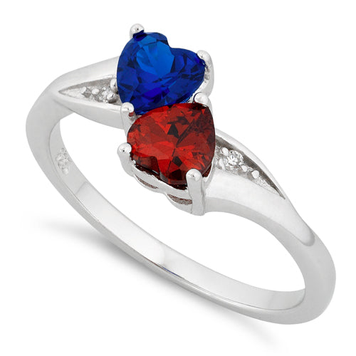 Sterling Silver Double Heart Garnet & Blue Spinnel CZ Ring