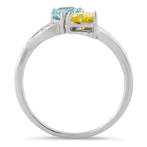 Sterling Silver Double Heart Yellow & Aquamarine CZ Ring