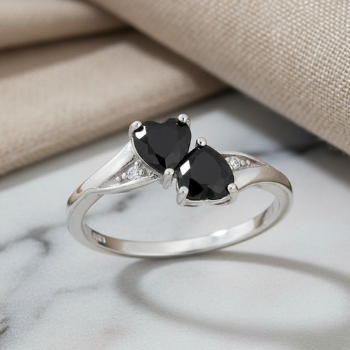 Sterling Silver Double Heart Black CZ Ring