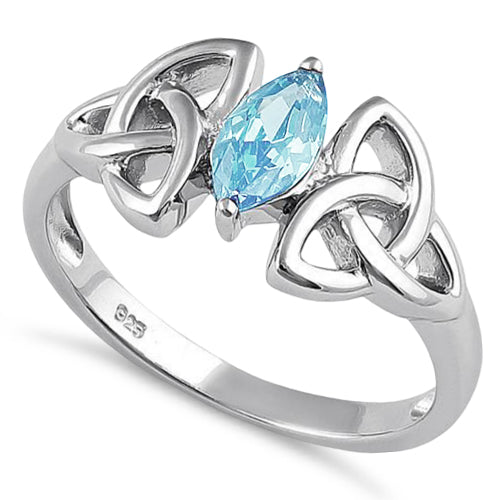 Sterling Silver Double Triquetra Charmed Marquise Aquamarine CZ Ring
