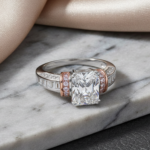 Sterling Silver Rose Gold-Plated Emerald-Cut CZ Ring