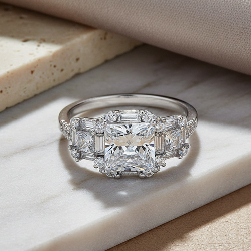 Sterling Silver Princess, Emerald & Round CZ Ring