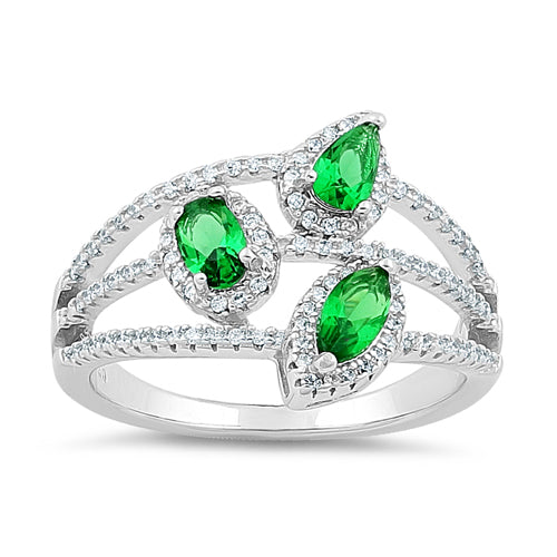 Sterling Silver Trinity Marquise & Round Cut Clear & Emerald CZ Ring