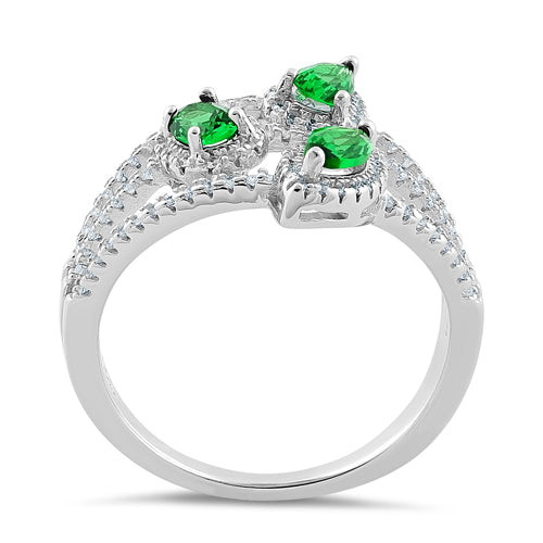 Sterling Silver Trinity Marquise & Round Cut Clear & Emerald CZ Ring