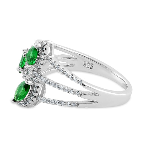 Sterling Silver Trinity Marquise & Round Cut Clear & Emerald CZ Ring