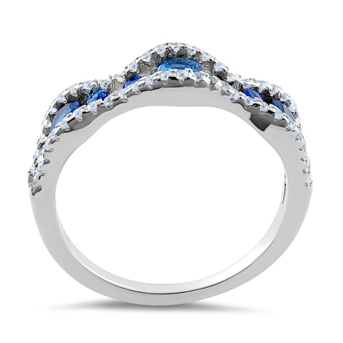 Sterling Silver Cascading Wave Round Cut Clear & Blue Spinel CZ Ring