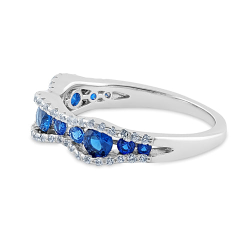 Sterling Silver Cascading Wave Round Cut Clear & Blue Spinel CZ Ring