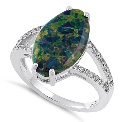 Sterling Silver Marquise Green-Black Lab Opal Ring