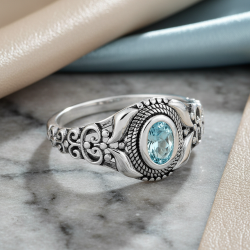 Sterling Silver Austere Oval Aquamarine CZ Ring