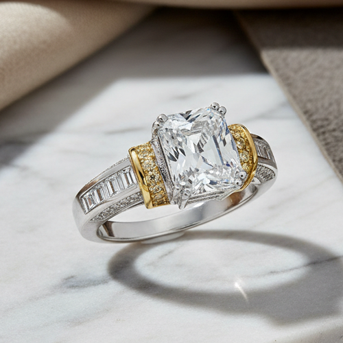 Sterling Silver Two-Tone Emerald-Cut CZ Ring