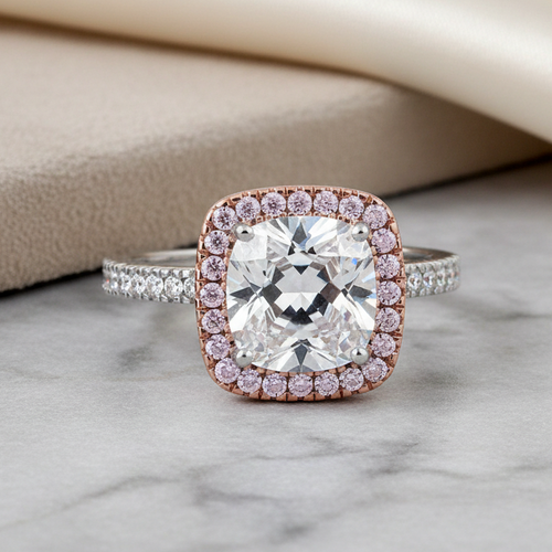 Sterling Silver Rose Gold-Plated Cushion-Cut CZ Halo Ring