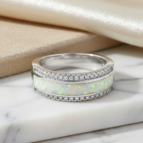 Sterling Silver Long Bar White Lab Opal CZ Ring