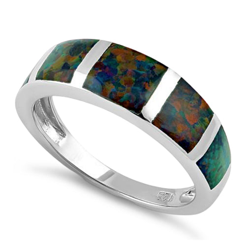 Sterling Silver 5 Bar Green-Black Lab Opal Ring