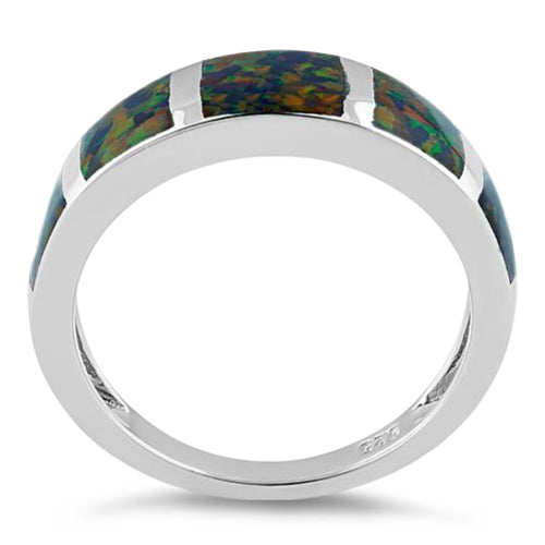 Sterling Silver 5 Bar Green-Black Lab Opal Ring